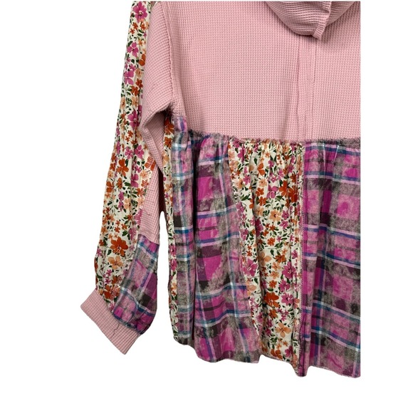 POL Floral Patchwork Pink Waffle Hoodie Full Zip Oversized Womens Small Boho - Picture 10 of 11